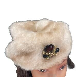 Vintage Union Made Faux Fur Hat Beige Tan Women's Made in the USA